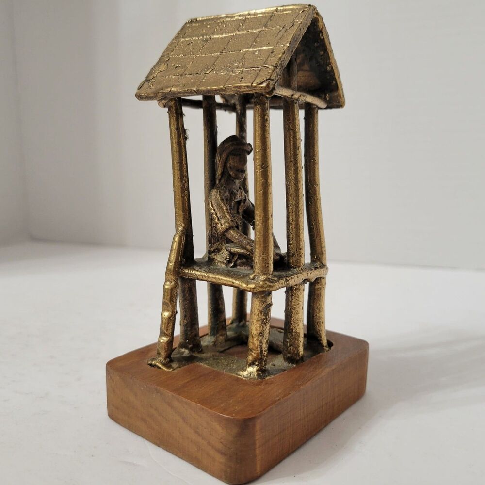 Vintage T'boli Philippines Brass Tribal Figurine Man in Hut Folk Art Asian Art
